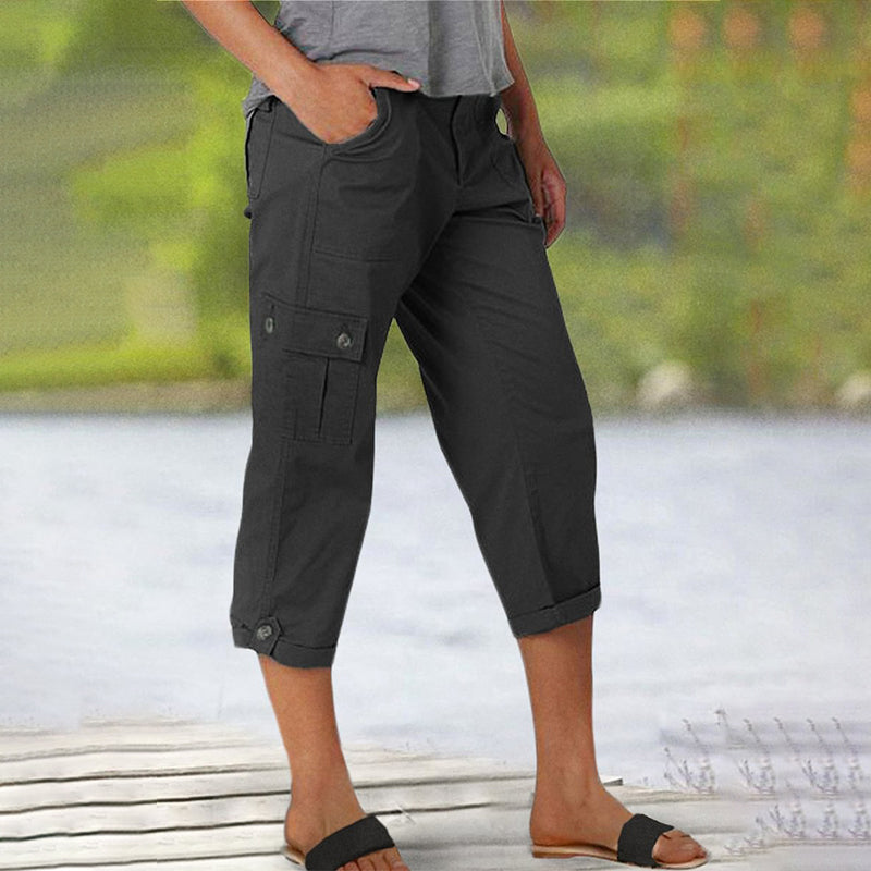 Multi-Pocket Solid Color Casual Cargo Capri Pants